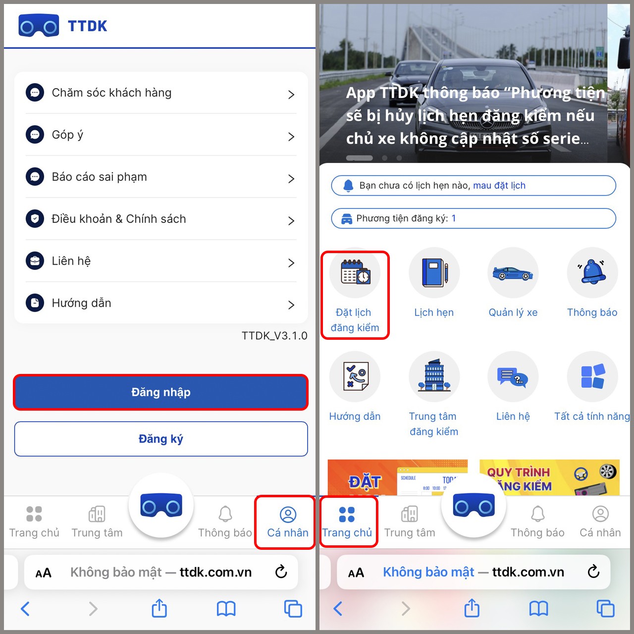 Trang web hệ thống TTDK, nơi chủ xe thực hiện đăng kiểm xe ô tô online qua trình duyệt