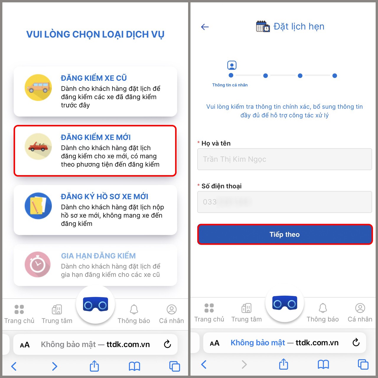 Kiểm tra thông tin cá nhân khi đặt lịch đăng kiểm online qua website TTDK