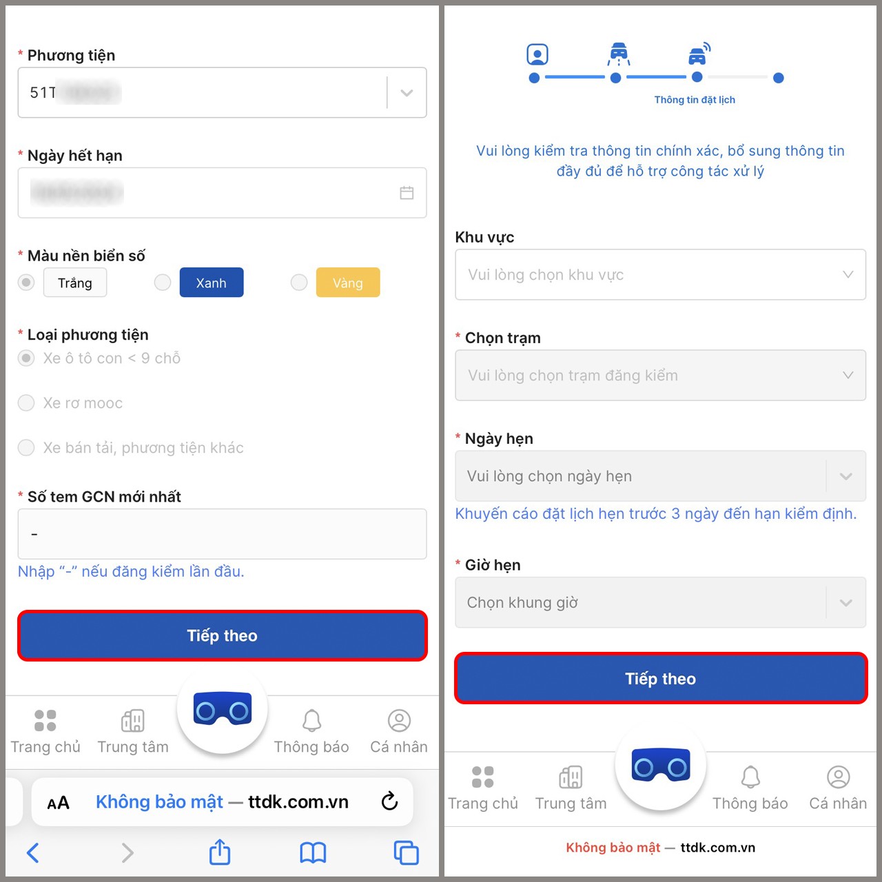Nhập thông tin xe và chọn trạm đăng kiểm trên website TTDK