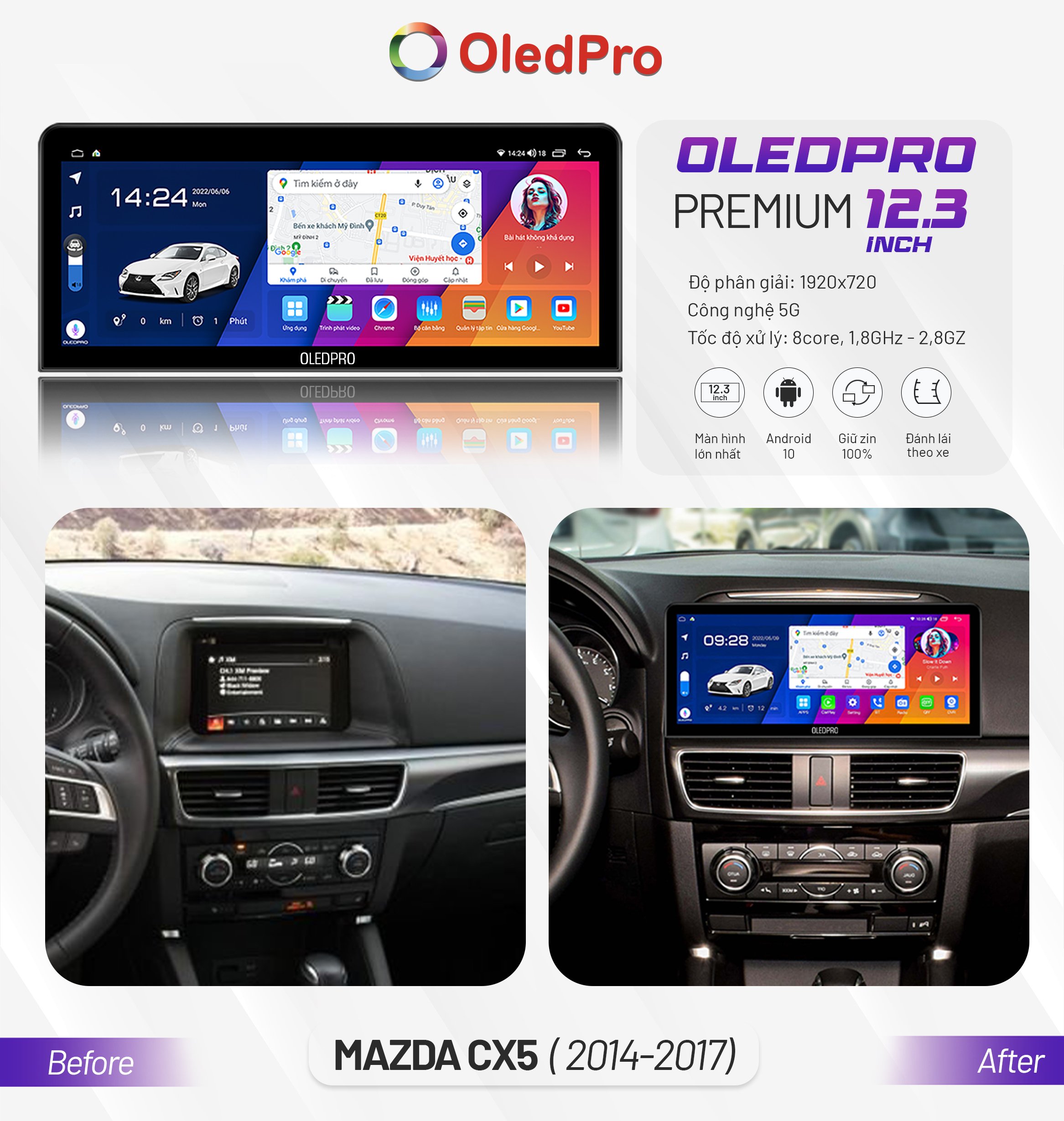 Hình ảnh màn hình Android OledPro Premium lắp trên Mazda CX-5, cho thấy khả năng nâng cấp