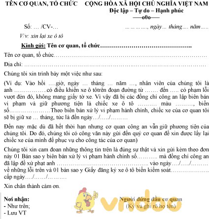 Mẫu công văn xin xe ô tô chuẩn dùng trong các cơ quan, tổ chức
