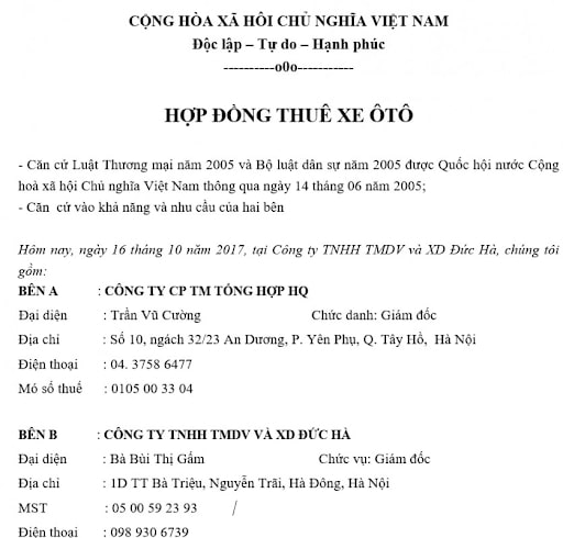 Mẫu hợp đồng thuê xe ô tô tự lái trên bàn