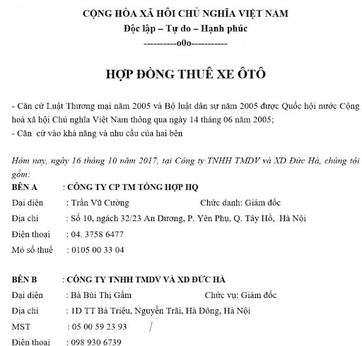 Mẫu hợp đồng lái xe ô tô minh họa