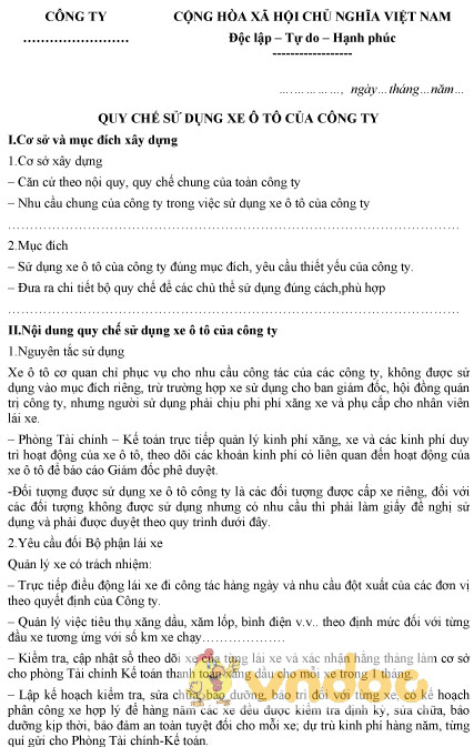 Mẫu văn bản quy chế sử dụng xe ô tô của công ty