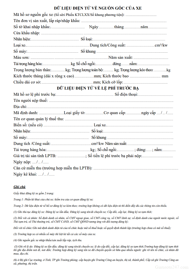 Trang 2 dữ liệu điện tử của tờ khai đăng ký xe ô tô