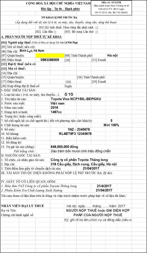 Mẫu tờ khai lệ phí trước bạ xe ô tô