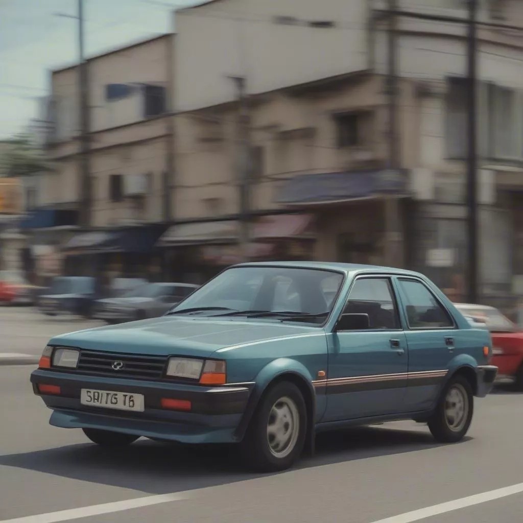 Mazda 323 cũ đang chạy trên đường phố