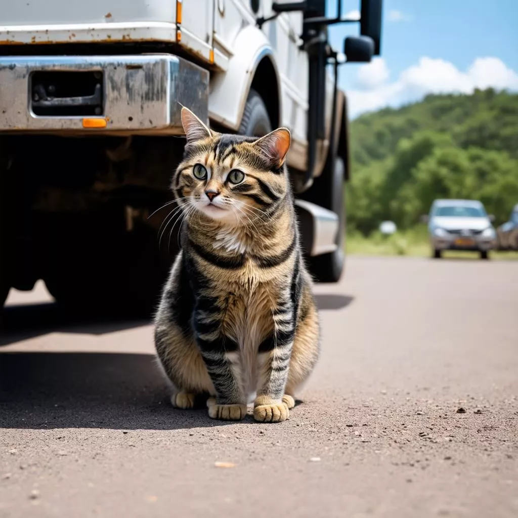 Chú mèo tò mò nhìn chiếc xe ô tô tải
