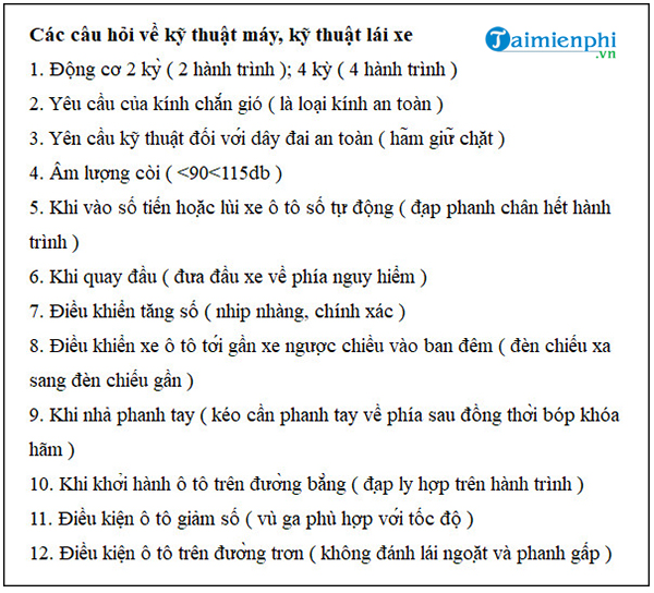 Tổng hợp các câu hỏi về kỹ thuật trong bộ đề thi lý thuyết lái xe B2 450 câu