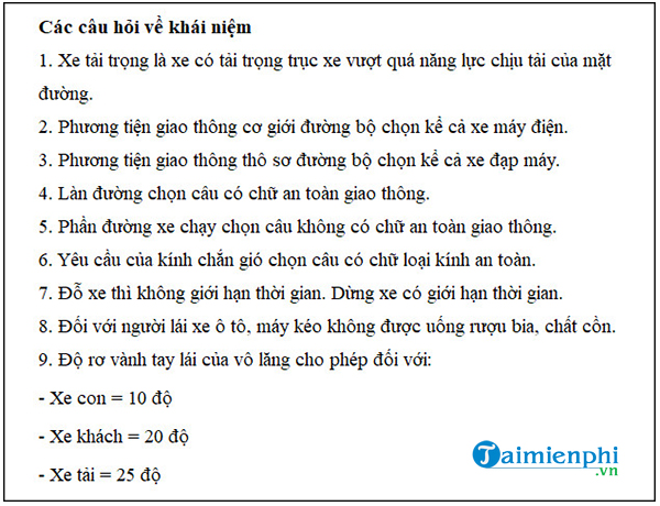 Đáp án trả lời các câu hỏi về khái niệm, mẹo thi lý thuyết lái xe hạng B2