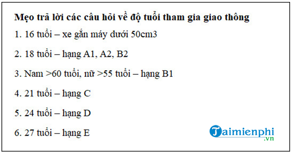 Kinh nghiệm trả lời các câu hỏi về độ tuổi khi tham gia giao thông, mẹo thi lý thuyết B2 2020