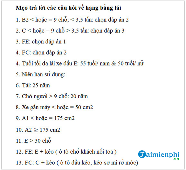 Kinh nghiệm trả lời các câu hỏi về luật cấp bằng lái, các hạng bằng lái, mẹo thi lý thuyết B2 dễ nhớ nhất