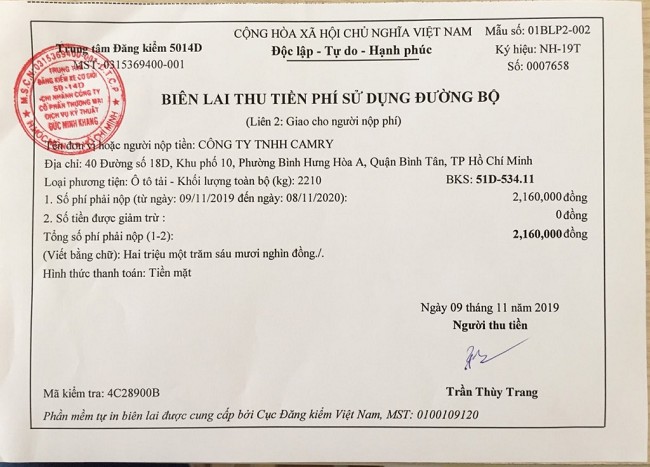 Biên lai nộp phí đường bộ xe ô tô 5 chỗ