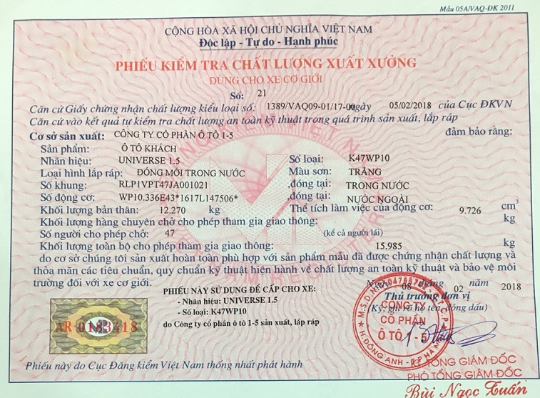 Phiếu xuất xưởng xe ô tô 47 chỗ