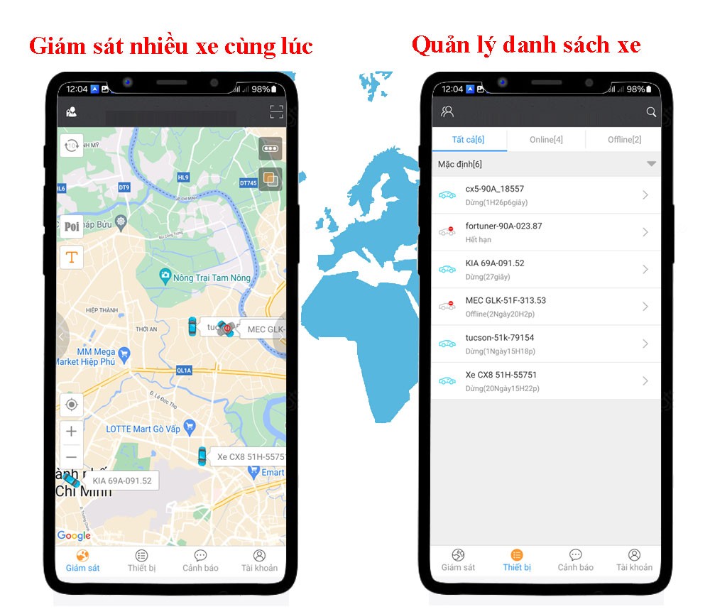 Giao diện quản lý cùng lúc nhiều thiết bị định vị R12E 4G cho doanh nghiệp