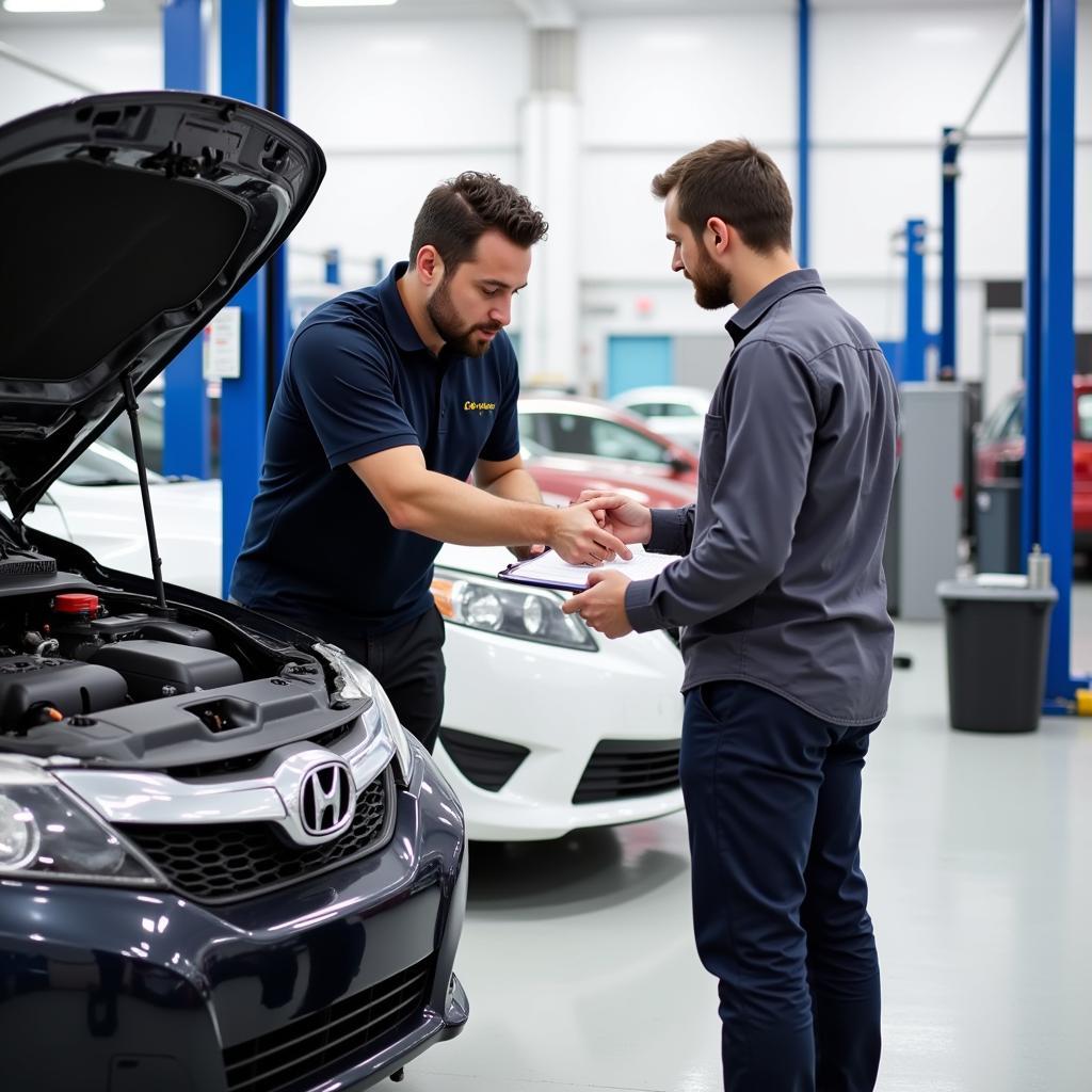 Nhân viên kiểm tra xe ô tô cùng khách hàng tại xưởng dịch vụ