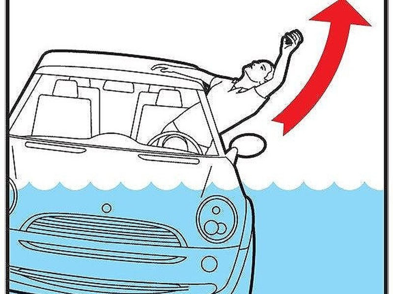 Người đang bơi ra khỏi cửa sổ xe ô tô đã chìm dưới nước, minh họa hành động thoát thân