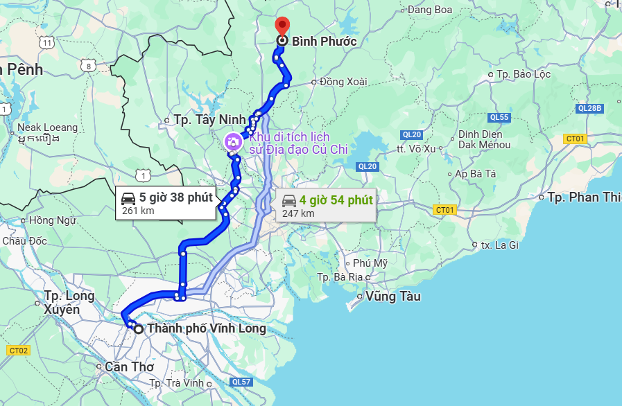 Bản đồ minh họa các cung đường xe ô tô từ Vĩnh Long đến Bình Phước