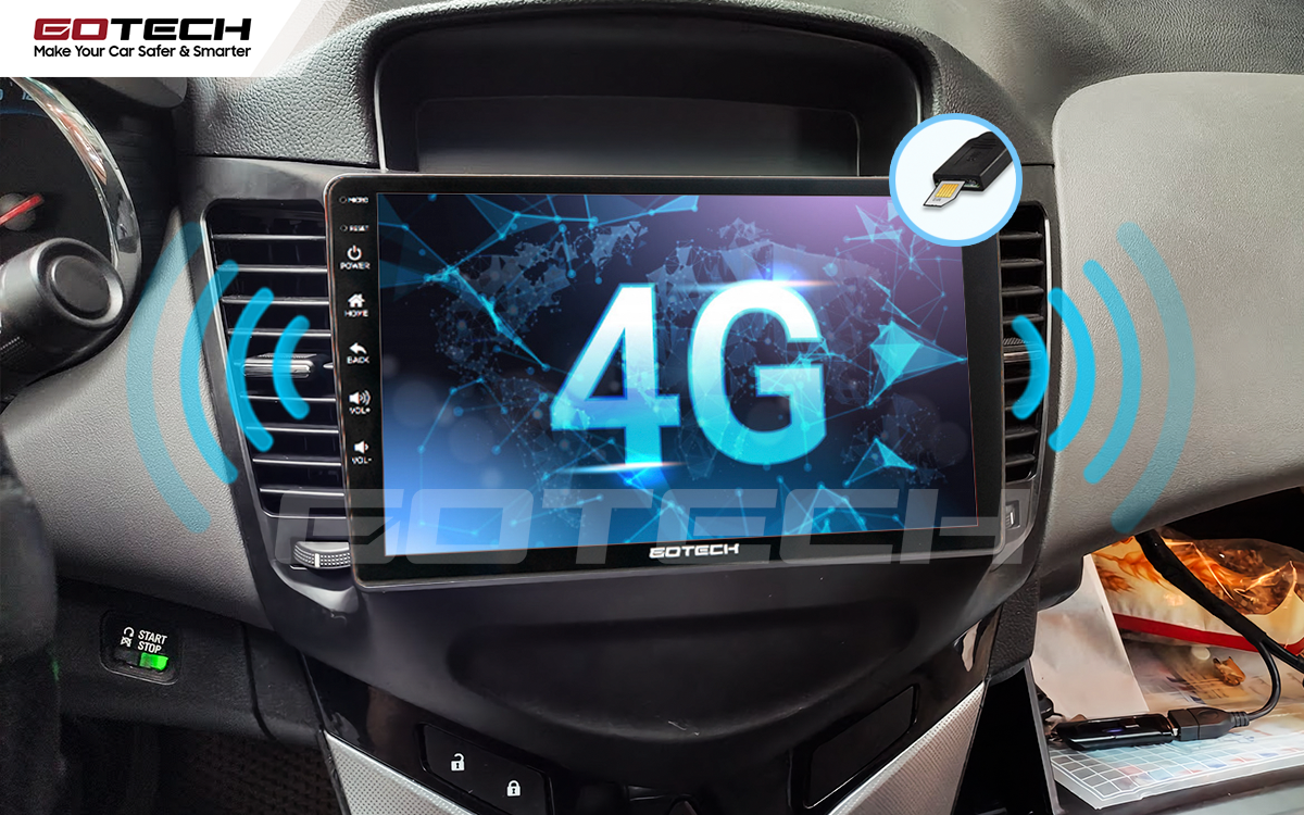Biểu tượng sim 4G và kết nối internet trên màn hình GOTECH cho xe ô tô Chevrolet Cruze 2015