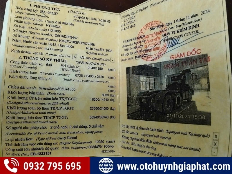 Giấy tờ đăng kiểm của xe đầu kéo Hyundai HD1000 đời 2013 cũ