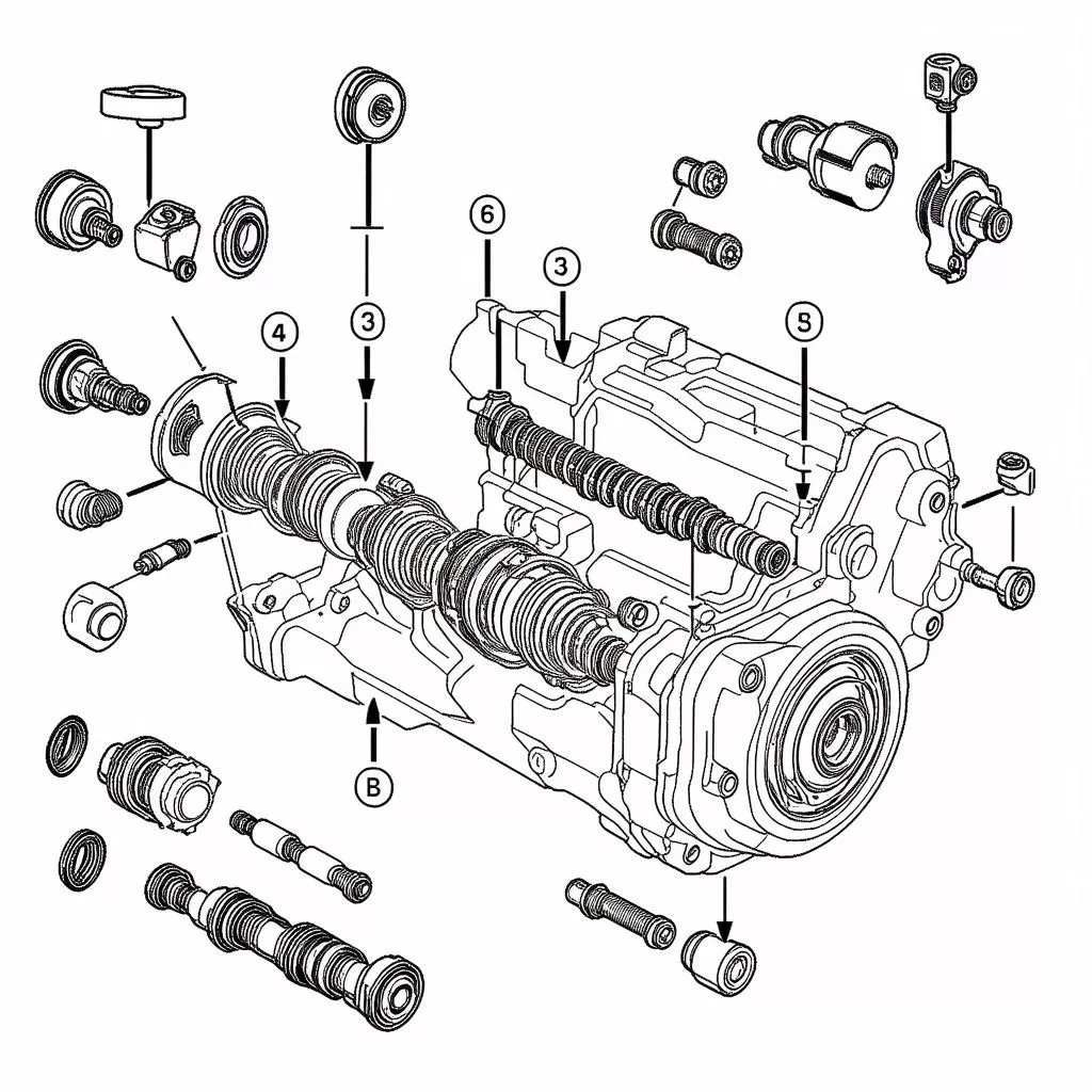 Sơ đồ cấu tạo bên trong hộp số sàn xe ô tô với các bánh răng và trục truyền động