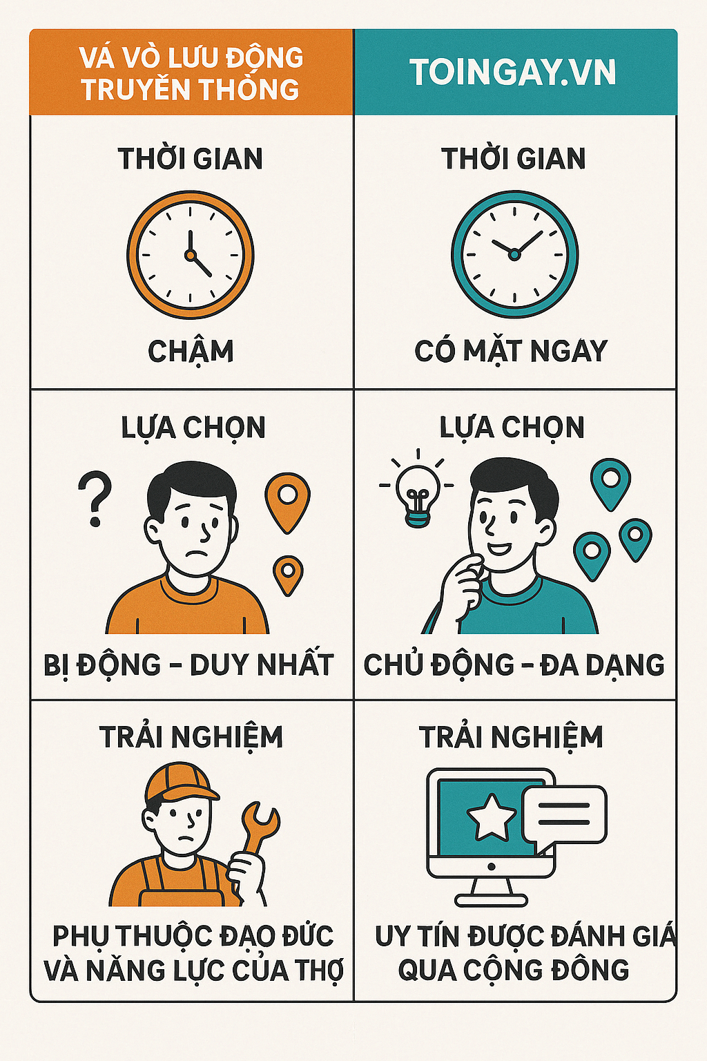 So sánh dịch vụ vá vỏ xe ô tô lưu động qua Toingay.vn và truyền thống