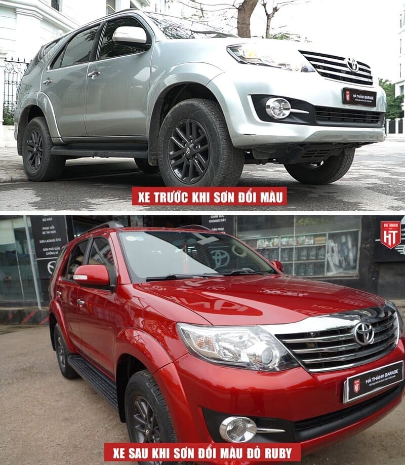 Toyota Fortuner sơn đổi màu đỏ Ruby, minh họa dịch vụ giá sơn xe ô tô