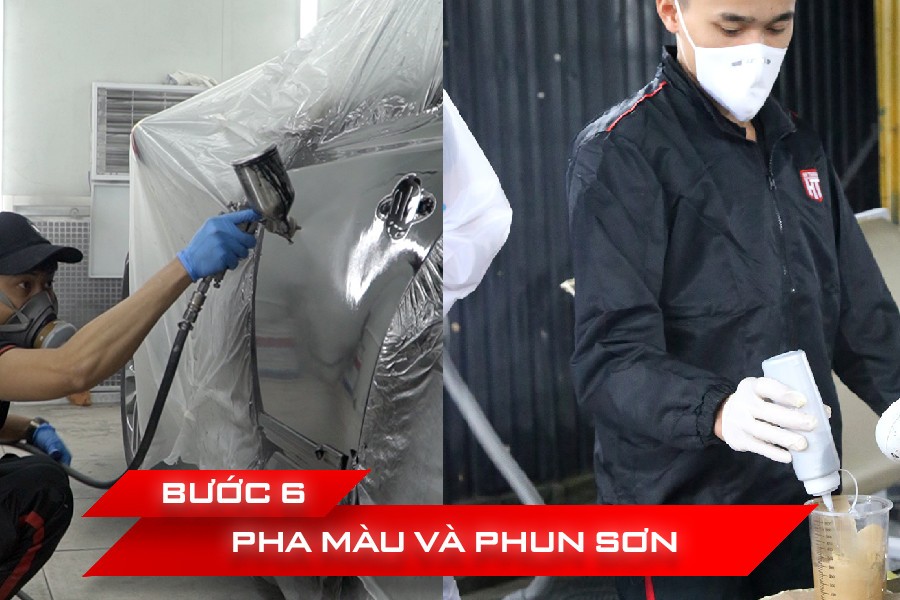 Kỹ thuật viên pha màu và phun sơn xe ô tô trong phòng sơn tiêu chuẩn