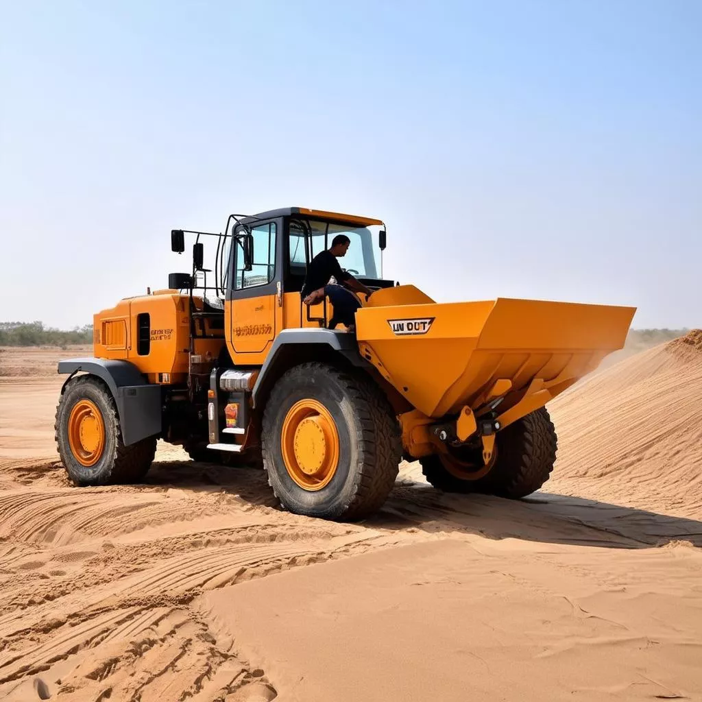 Tài xế kiểm tra lốp xe ô tô chở cát trước khi xuất phát