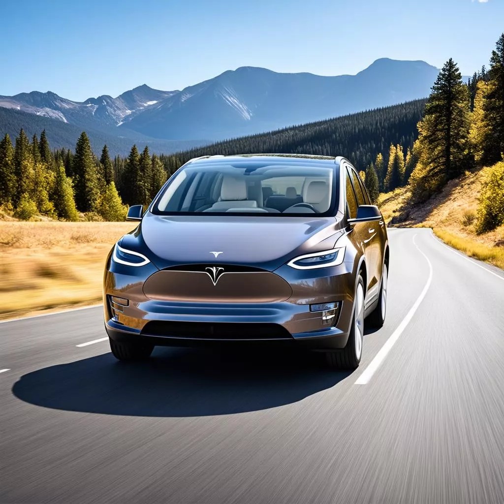 Xe ô tô điện Tesla Model X màu đen đang di chuyển trên đường cao tốc