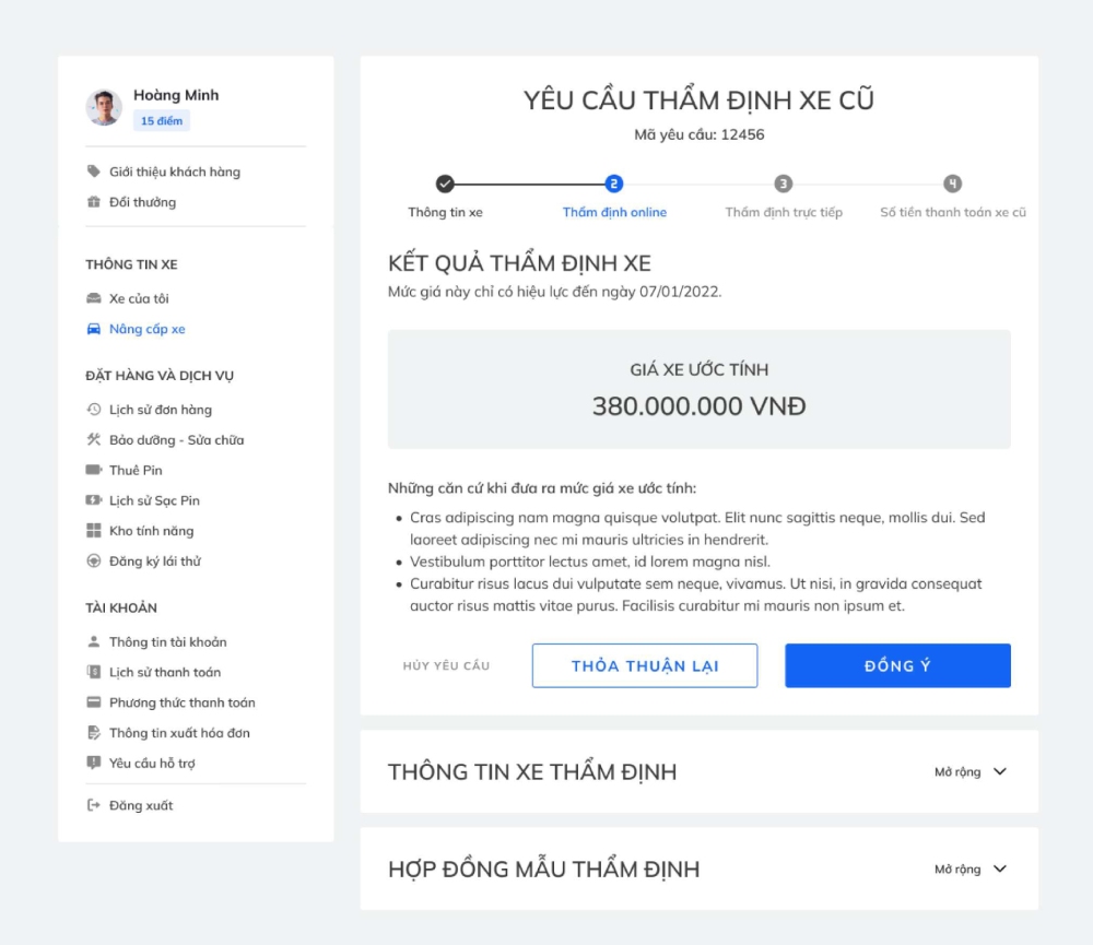 Kết quả thẩm định giá xe ô tô VinFast cũ được hiển thị online