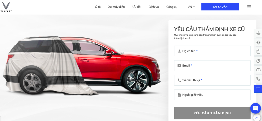 Giao diện yêu cầu thẩm định xe ô tô VinFast cũ online