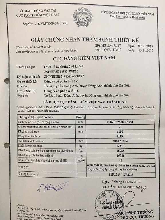 Giấy thẩm định thiết kế xe ô tô 47 chỗ