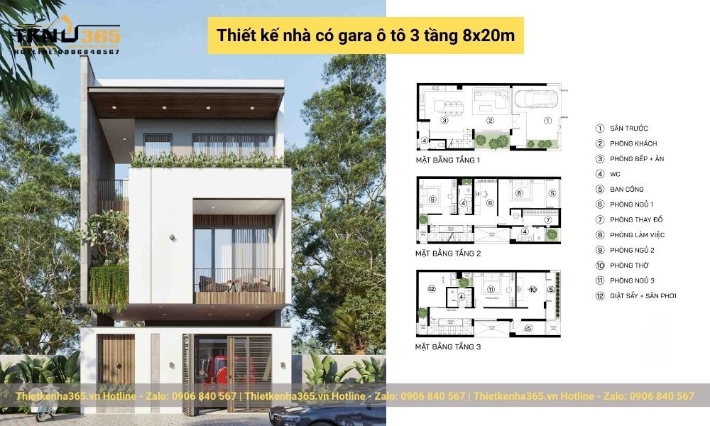 Thiết kế nhà 3 tầng 8x20m có gara xe ô tô tạo cảm giác thoáng đãng, rộng rãi