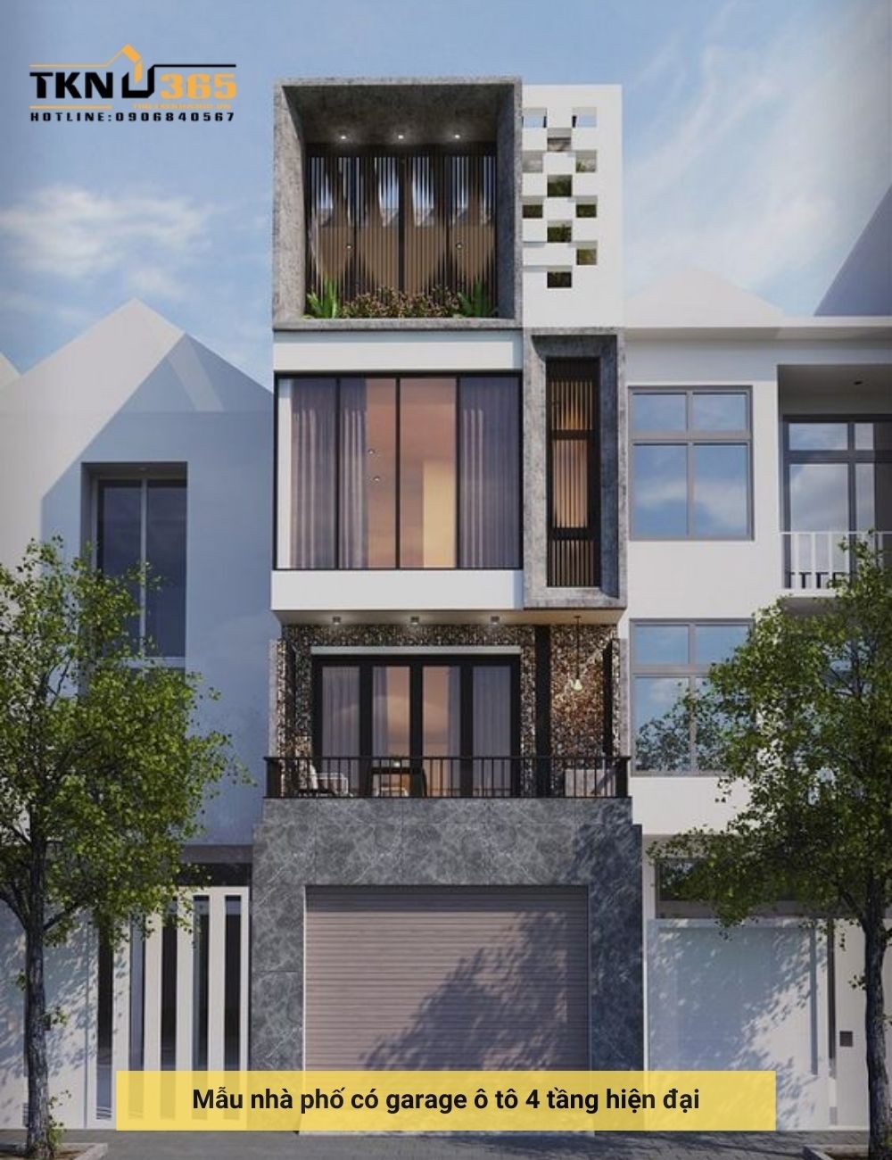 Phối cảnh nhà phố 4 tầng hiện đại có gara xe ô tô