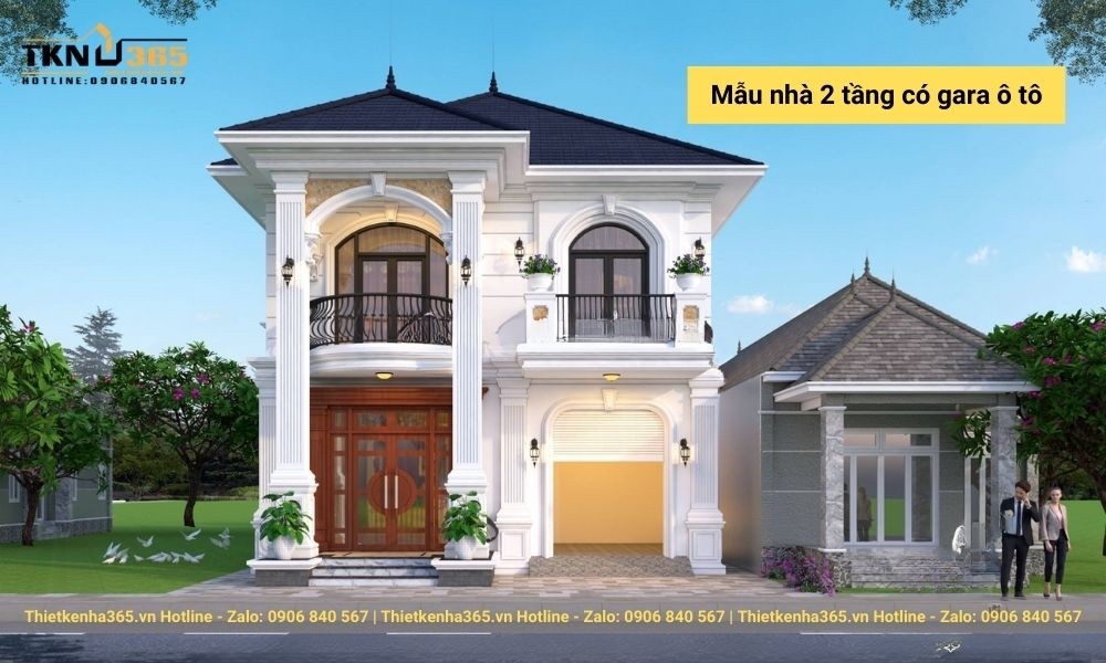 Mẫu nhà 2 tầng có gara xe ô tô với tông màu trắng nhẹ nhàng, tinh tế