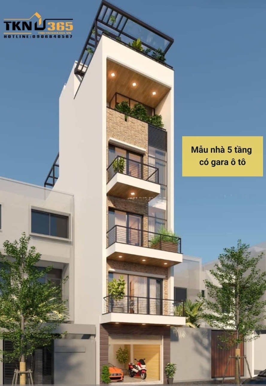 Nhà 5 tầng có tầng trệt được dùng để làm gara ô tô mang vẻ đẹp đơn giản, hiện đại