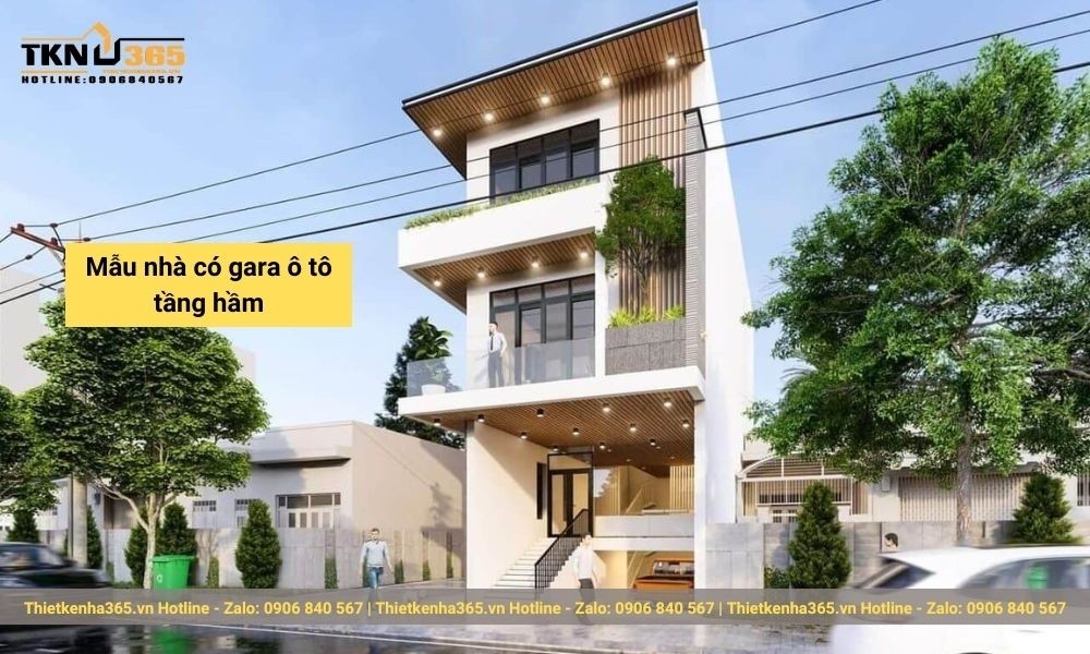 Mẫu nhà có gara xe ô tô với một tầng hầm đi sâu xuống