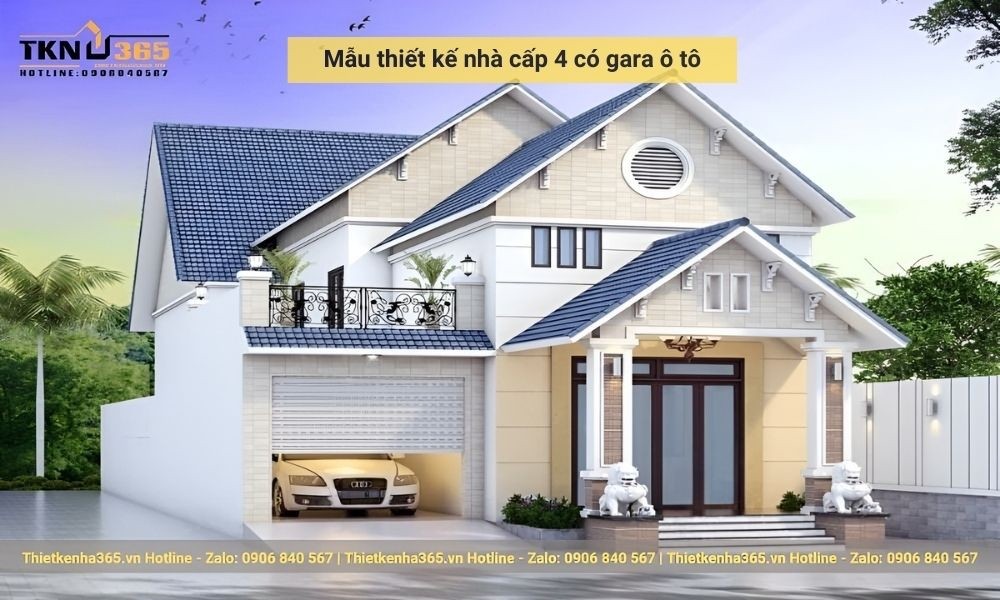 Mẫu nhà cấp 4 có gara xe ô tô với mái ngói xanh tạo điểm nhấn ấn tượng