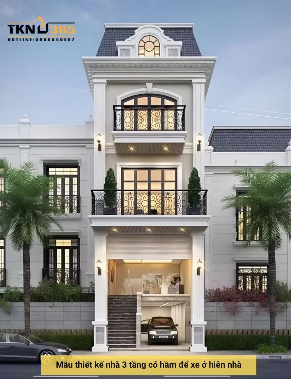Thiết kế nhà 3 tầng có hầm để xe ở hiên nhà
