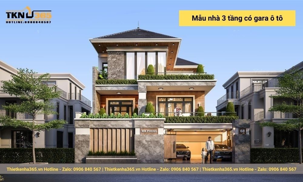 Mẫu nhà 3 tầng có gara xe ô tô phù hợp với các gia đình có đông thành viên