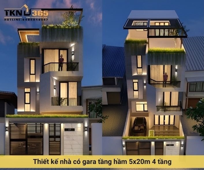 Phối cảnh mặt tiền nhà phố 5x20m 4 tầng có hầm để xe