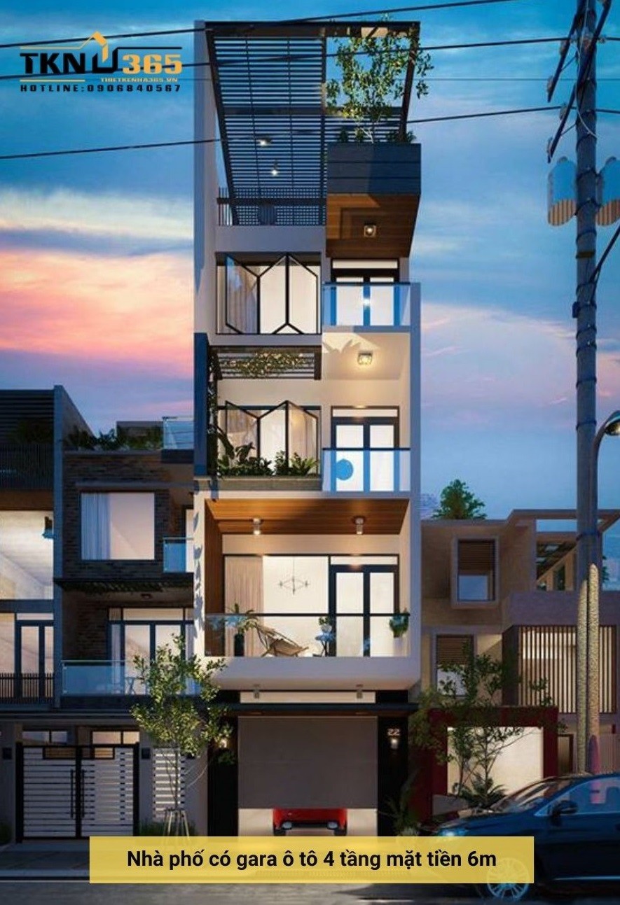 Mặt tiền mẫu nhà phố 4 tầng mặt tiền 6m có gara xe ô tô đẹp độc đáo