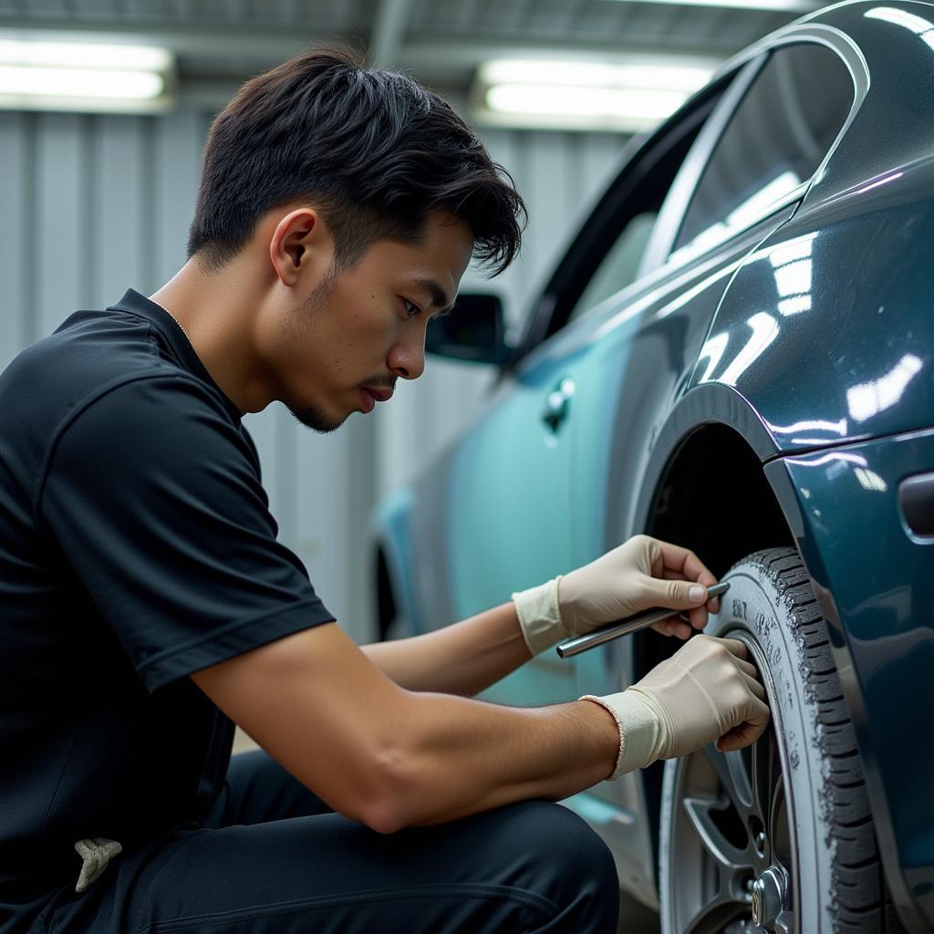 Thợ sơn xe ô tô chuyên nghiệp tại Nha Trang đang làm việc