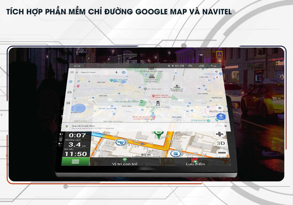 Hệ thống dẫn đường Google Maps và Navitel hiển thị trên màn hình Oled xe ô tô
