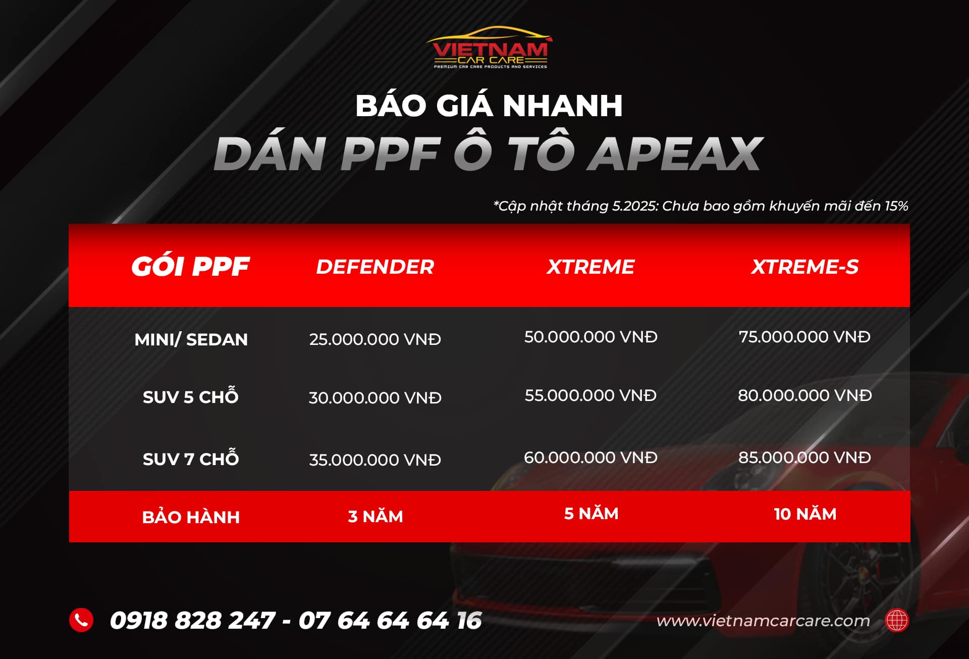 Ảnh bảng giá dán PPF xe ô tô thương hiệu APEAX tại Vietnam Car Care
