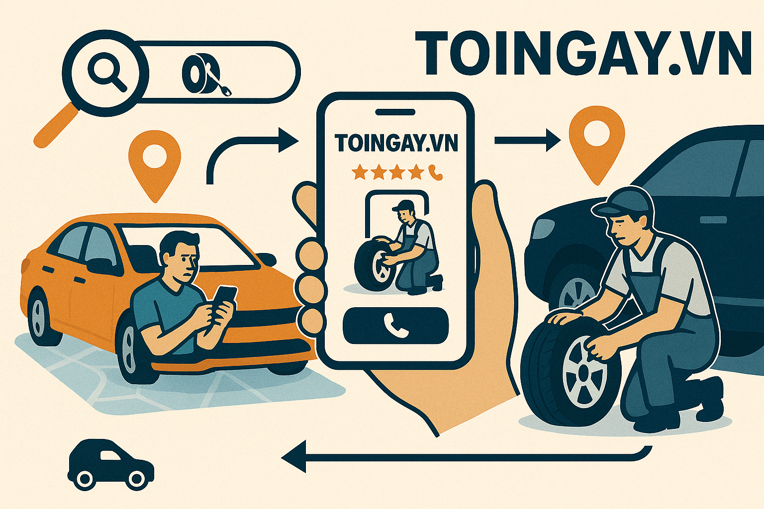 Mô hình kết nối tài xế và đơn vị vá vỏ xe ô tô lưu động của Toingay.vn