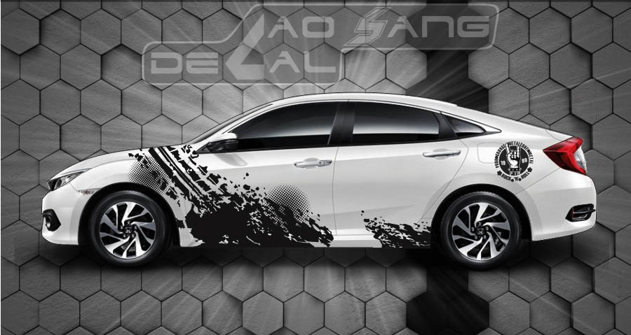Tem dán sườn xe ô tô với thiết kế logo và đường sọc ngang