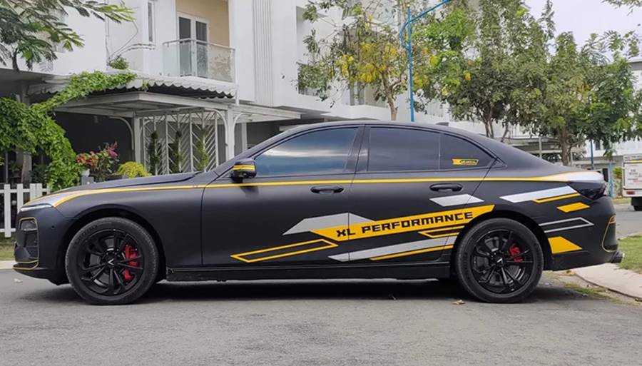 Tem dán sườn xe ô tô với đường sọc mảnh và chữ