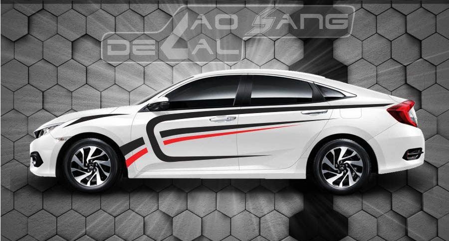 Tem dán sườn xe ô tô với họa tiết sọc xiên và chữ